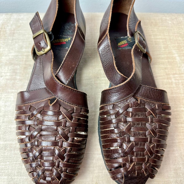 90’s brown leather woven sandals/ shoes Aerosoles brand~ huaraches style boho hipster summer shoe fisherman’s braided size/ 10M