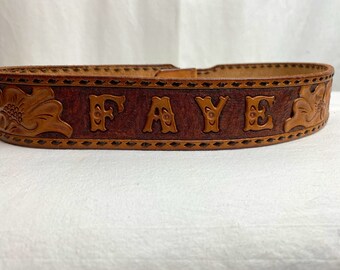 Vintage hand tooled leather belt~ Faye~ engraved name Rockabilly western wear Women’s brown belt strap (no buckle) size S/M