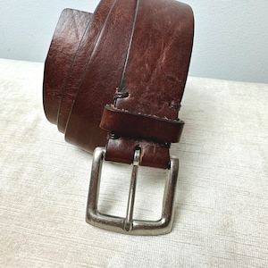 90s wide brown leather belt with silver tone square buckle rustic rocker style unisex androgynous hipster belts size Large 3438 image 1