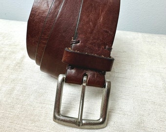 90’s wide brown leather belt with silver tone square buckle~ rustic rocker style~ unisex androgynous hipster belts size Large 34”-38”