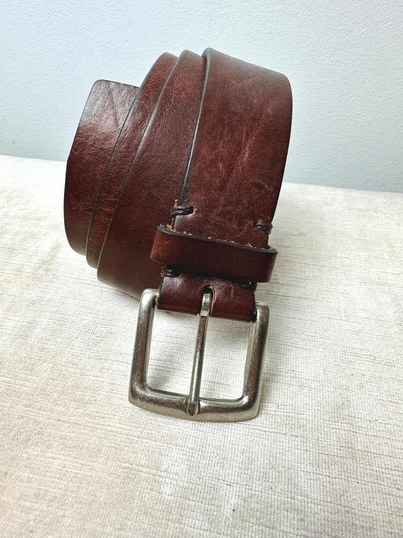 90s wide brown leather belt with silver tone square buckle rustic rocker style unisex androgynous hipster belts size Large 3438 image 1