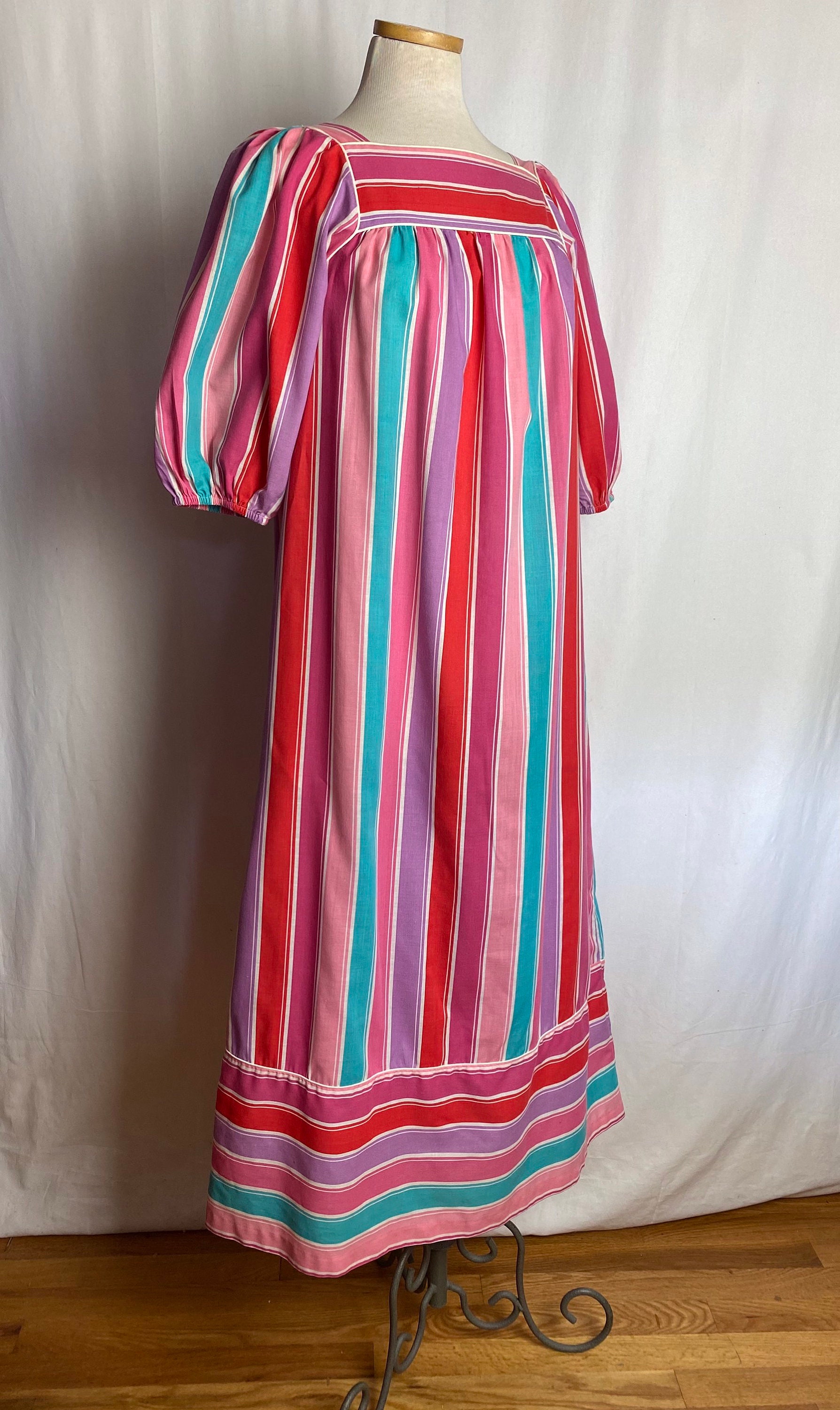 70s boho dress long house dresscolorful wide stripes puffy | Etsy