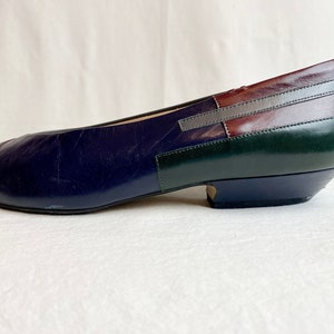 1980s retro color block leather shoes by Nina/ slip on flats womens vintage fashion grey blue green burgundy/ Ninas 80s /US size 7 image 4