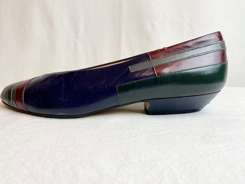 1980s retro color block leather shoes by Nina/ slip on flats womens vintage fashion grey blue green burgundy/ Ninas 80s /US size 7 image 4
