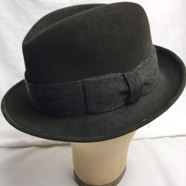 60’s fedora~ brim hat~ men’s vintage~ dark olive green felt hat 1960’s Stetson pork pie style size Small