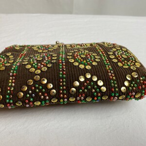 VTG 60s studded corduroy pouch small card holder accessories case brown cotton cord gold studs & beads beaded image 6