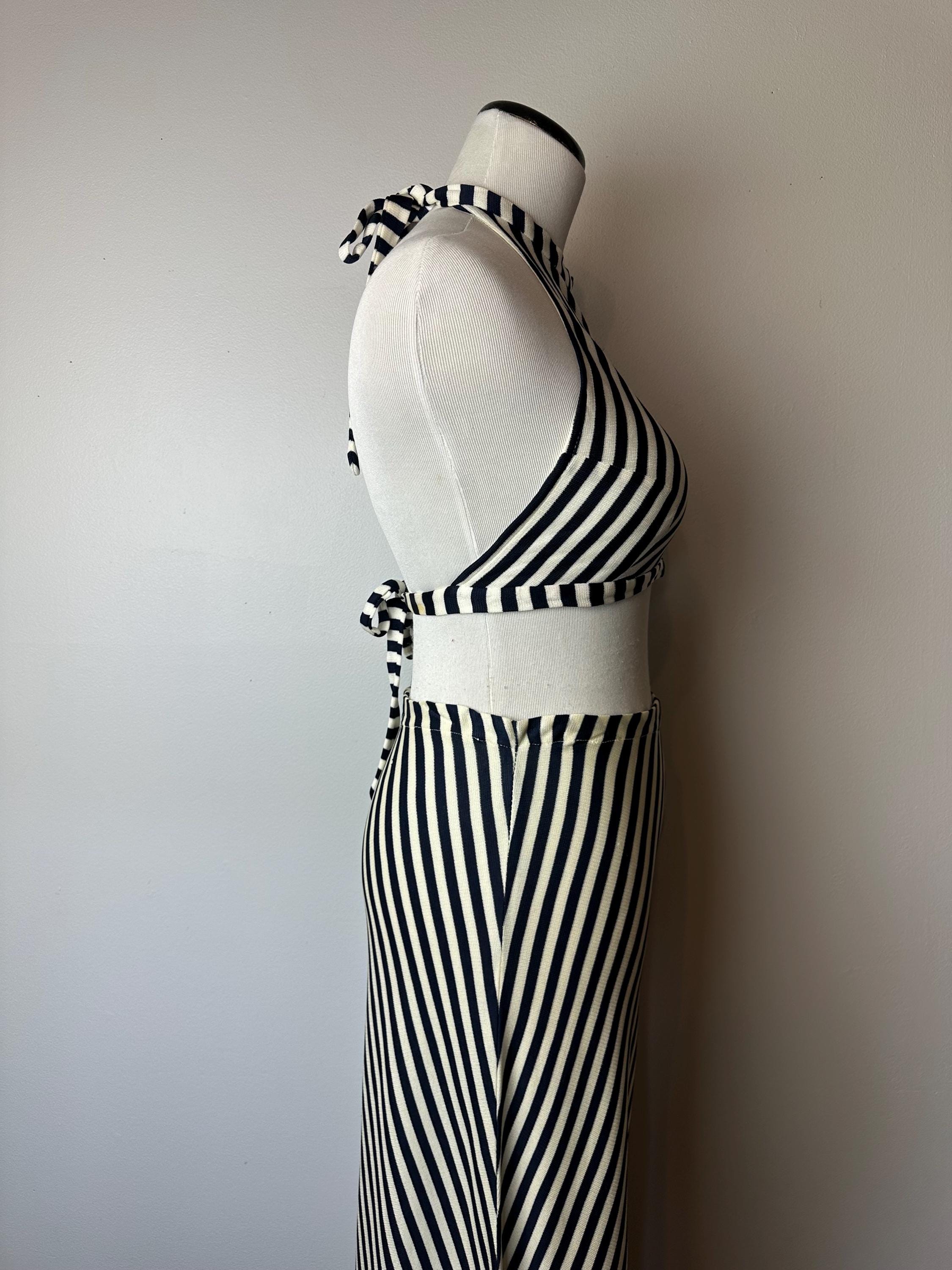 70s Vintage Halter Top Bellbottom Pant Suit: Blue Chevron Stripe
