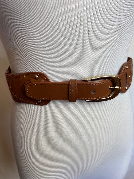 90’s brown leather stretchy belt~ chestnut glossy… - image 2