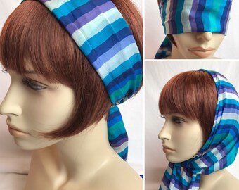 Vintage 100% silk striped scarf~ women’s scarves~ retro colorful bold hair tie neck tie pussycat bow~ teal blue purple long rectangular