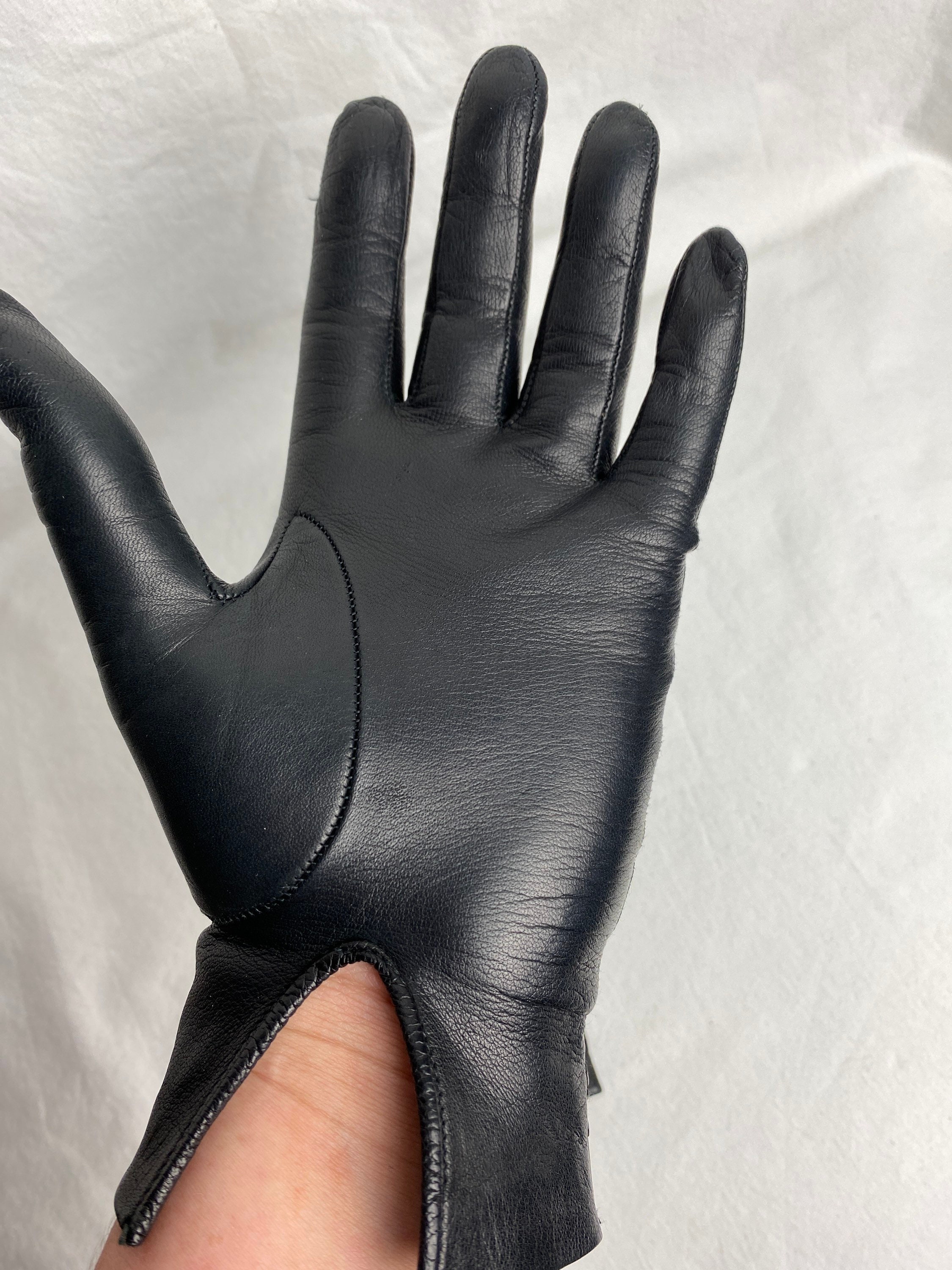Vintage Soft Leather Gloves~ Black Woven/ Eyelet Detail