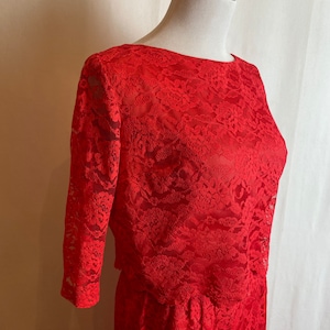 60’s Coral red  lace dress~ pencil skirt with cropped layered top~ 1960’s Mod Retro set/suit Valentine’s Day dress size 26” waist/ small