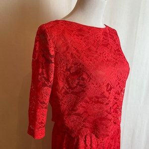 60s Coral red lace dress pencil skirt with cropped layered top 1960s Mod Retro set/suit Valentines Day dress size 26 waist/ small image 2