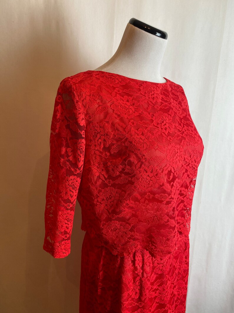 60s Coral red lace dress pencil skirt with cropped layered top 1960s Mod Retro set/suit Valentines Day dress size 26 waist/ small image 2