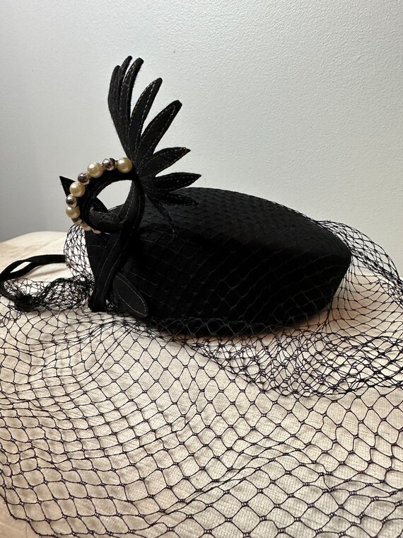 Dressy black felted wool hat large netting bowl & mesh fascinator made in USA Black Womens Wool Felt Floral Veil Netting Feather Wide Brim  main image 3