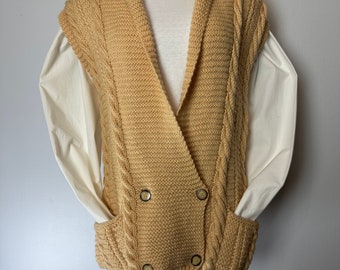 80’s-90’s sweater vest 100% wool chunky cable knit~ low V neck Double breasted nipped waist Rolled shawl collar yellow oversized / Medium