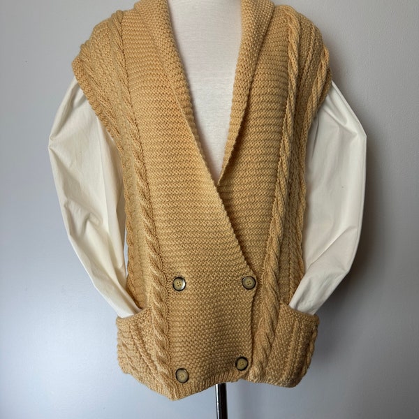80’s-90’s sweater vest 100% wool chunky cable knit~ low V neck Double breasted nipped waist Rolled shawl collar yellow oversized / Medium