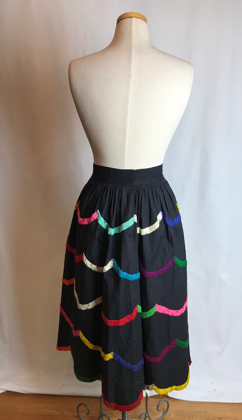 50s cotton patio skirt fit & flare pinup rockabilly Rainbow embroidery embroidered colorful black Teresa Original Taxco 26 waist image 7