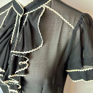 90s Y2K Black sheer blouse tuxedo bib front high neck puff sleeves black & white shirt / peekaboo top size Med image 2