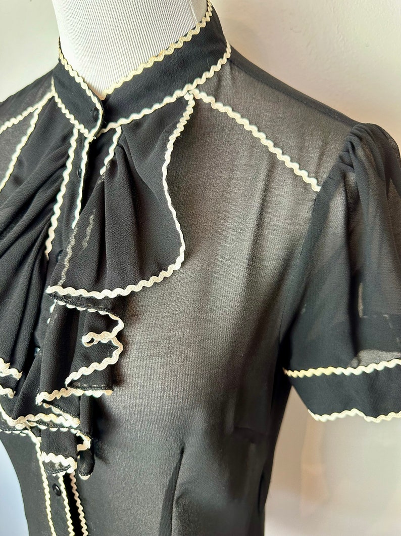 90s Y2K Black sheer blouse tuxedo bib front high neck puff sleeves black & white shirt / peekaboo top size Med image 2