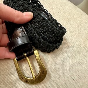 Vtg 90s black braided woven belt bright gold glossy hammered buckle leather & cotton Boho style/ open size up to 31 waist image 5