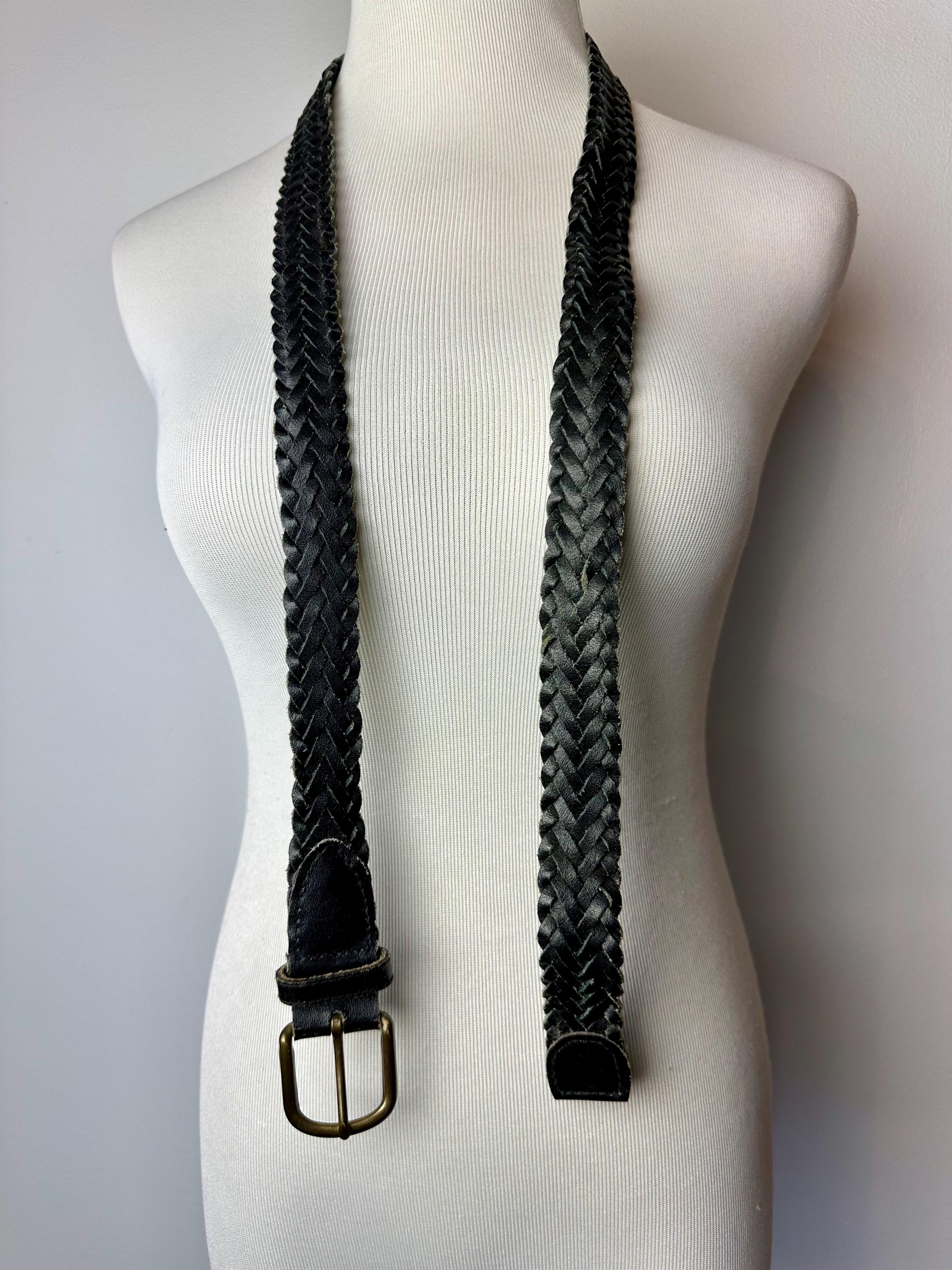 Vintage braided black leather belt/boho/hippie leather link belt/fits up to 31\