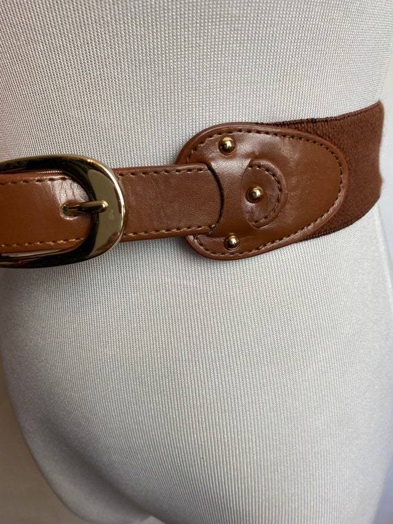 90’s brown leather stretchy belt~ chestnut glossy… - image 3