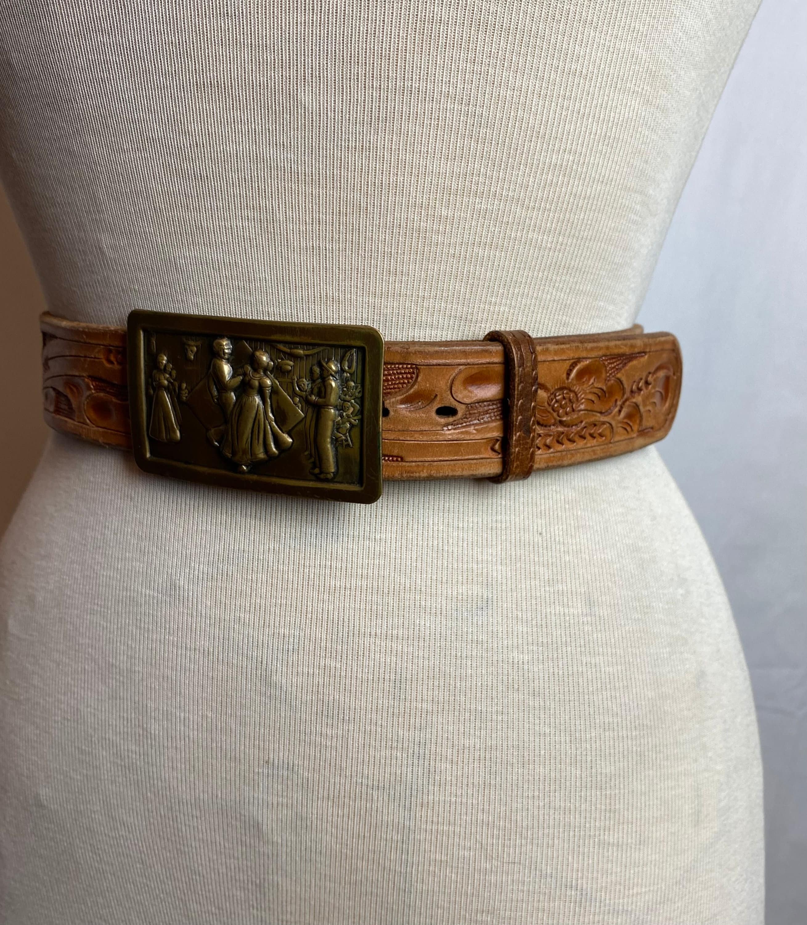 Vintage Western Belt & Buckle ~square Dancing Tooled Leather  display picture 3