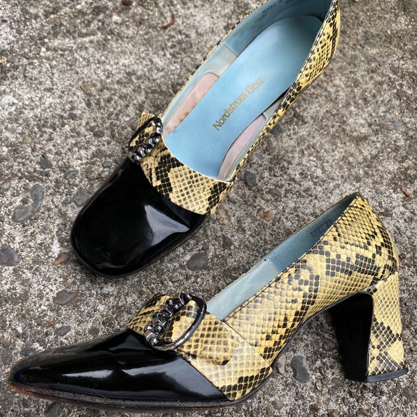 Vintage 60’s shoes~ faux snakeskin /Cobra Patent leather capped toe MCM mod pumps Nordstrom’s Best size 71/2 M