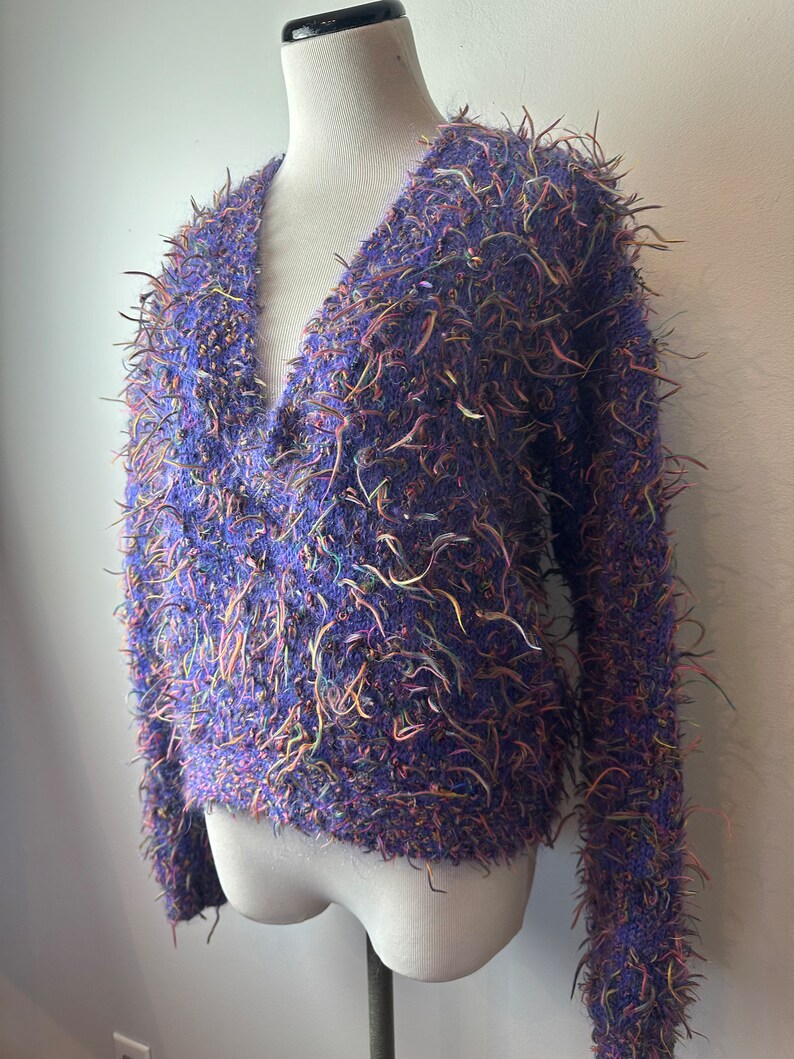 90s Colorful periwinkle yarny mohair textile sweater pullover v-neck wacky knotted confetti knit retro soft whimsical boxy /size Small image 1