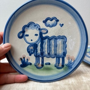 Ma Hadley Pair of small plates cat & lamb farmhouse cottagecore vintage dish wear blue handmade ceramic image 9