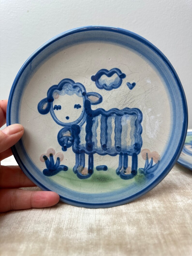 Ma Hadley Pair of small plates cat & lamb farmhouse cottagecore vintage dish wear blue handmade ceramic image 9