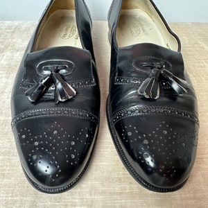 Vintage Men’s  Hand made black leather loafers perforated design tassels Italian leather 1990s dress shoe Androgynous slip on shoes/ 9 M