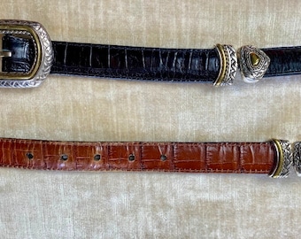 90’s leather belt  reversible 2 tone Black & Brown Alligator look embossed interchangeable swivel belt chunky silver buckle hardware size 32