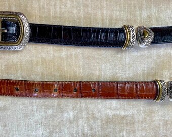 90’s leather belt  reversible 2 tone Black & Brown Alligator look embossed interchangeable swivel belt chunky silver buckle hardware size 32