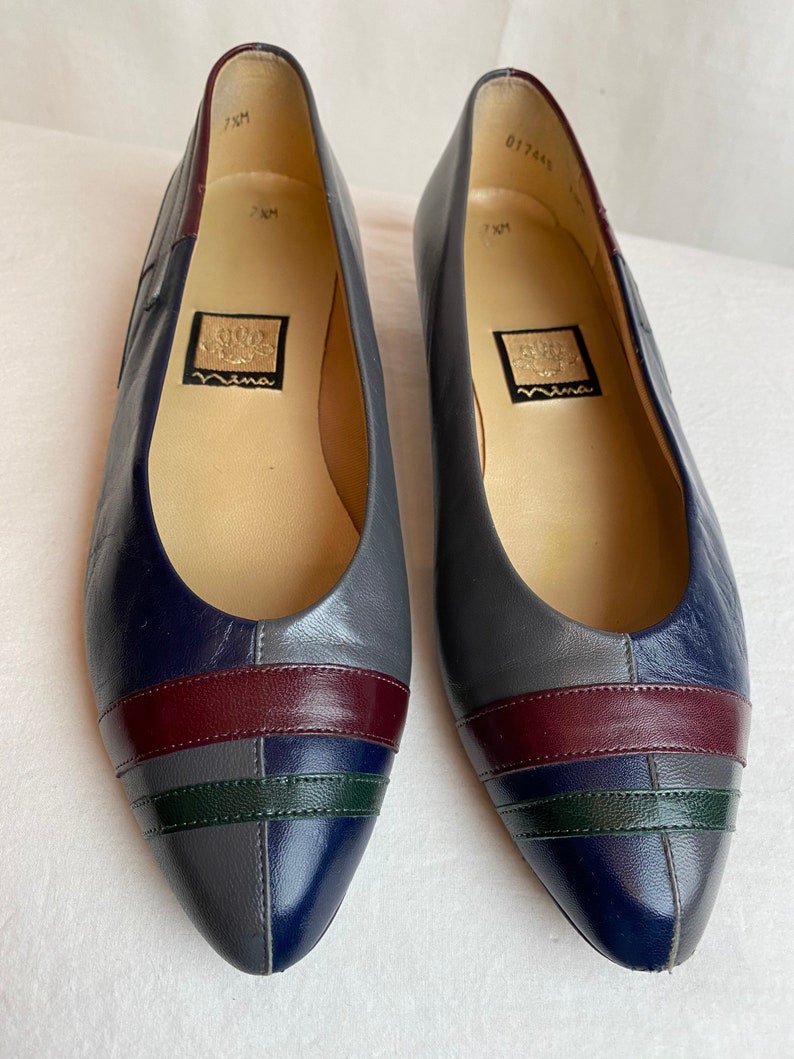 1980s retro color block leather shoes by Nina/ slip on flats womens vintage fashion grey blue green burgundy/ Ninas 80s /US size 7 image 2