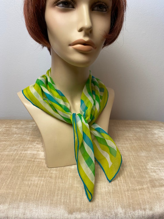 Vera scarf 1960’s green striped 100% silk crepe t… - image 8