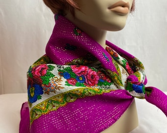 Vintage wool like scarf magenta pink floral print Large head scarf shawl collar look bright colorful colors silver metallic square