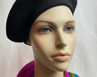 Vtg negro 100% lana francesa boina' laulhere marca 90's Y2k clásico tam beret' boho preppy otoño invierno tam Pequeño tamaño de mujer o juvenil