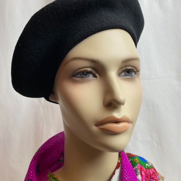 Vtg black 100% wool french beret’ laulhere brand 90’s Y2k classic tam beret’ boho preppy fall winter tam Small women’s or youth size