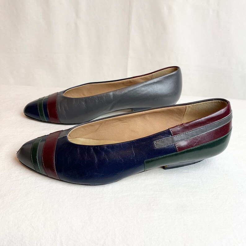 1980s retro color block leather shoes by Nina/ slip on flats womens vintage fashion grey blue green burgundy/ Ninas 80s /US size 7 image 3