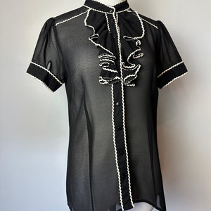 90s Y2K Black sheer blouse tuxedo bib front high neck puff sleeves black & white shirt / peekaboo top size Med image 6