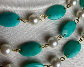Vintage 60’s necklace~ turquoise green & white pearly long beaded ~ groovy Mod Pop of color~ plastic retro long length~ 1960s costuming