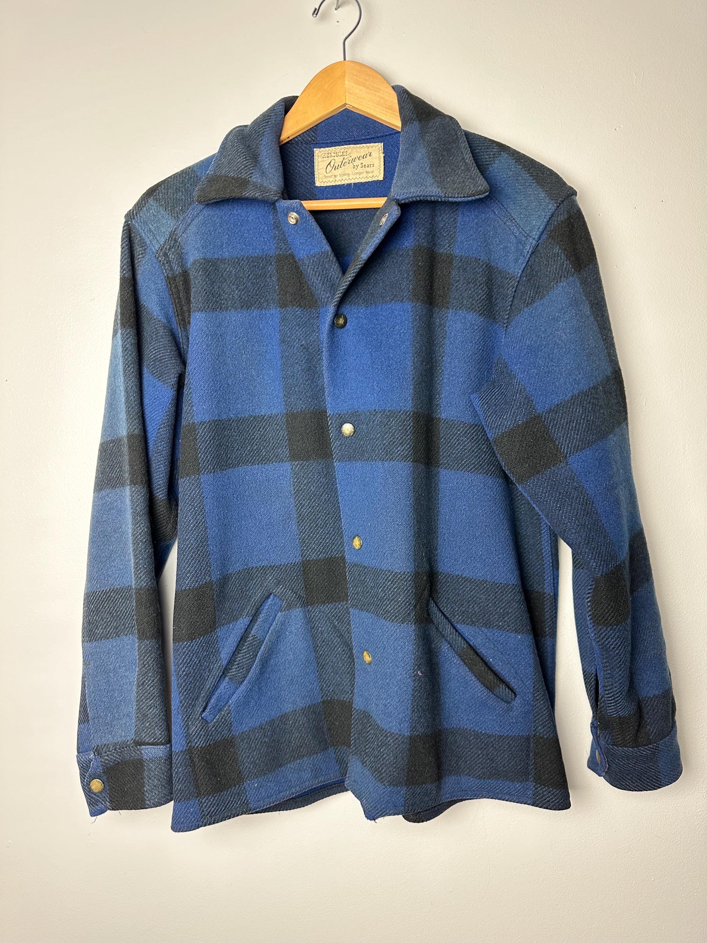 ジャケット・アウター 60s- winter king check wool jacket XL, Vintage 1970s Sport King Flannel Jacket, Shacket, Blue