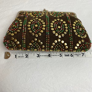 VTG 60s studded corduroy pouch small card holder accessories case brown cotton cord gold studs & beads beaded image 9