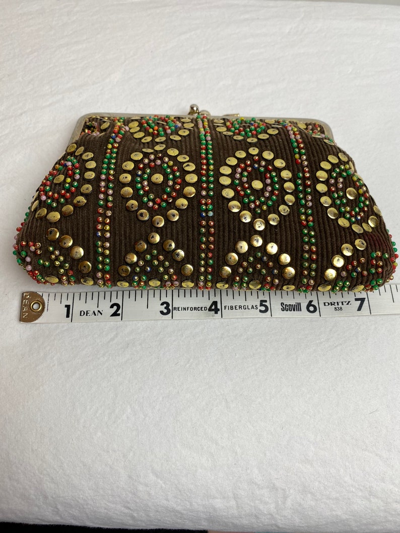 VTG 60s studded corduroy pouch small card holder accessories case brown cotton cord gold studs & beads beaded image 9