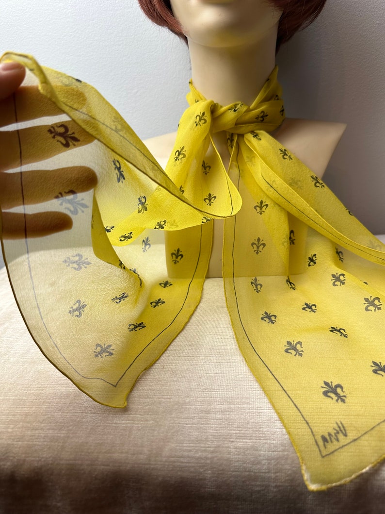 Vera 100% crepe silk scarf/ Fleur-des-lis print/yellow & black sheer long thin neck scarves head scarf neckerchief image 3