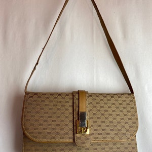 Gucci purse 1970s 80s Shoulder bag leather & cloth VTG monogram handbag Made in Italy slim petite slender rectangular Micro GG print image 6