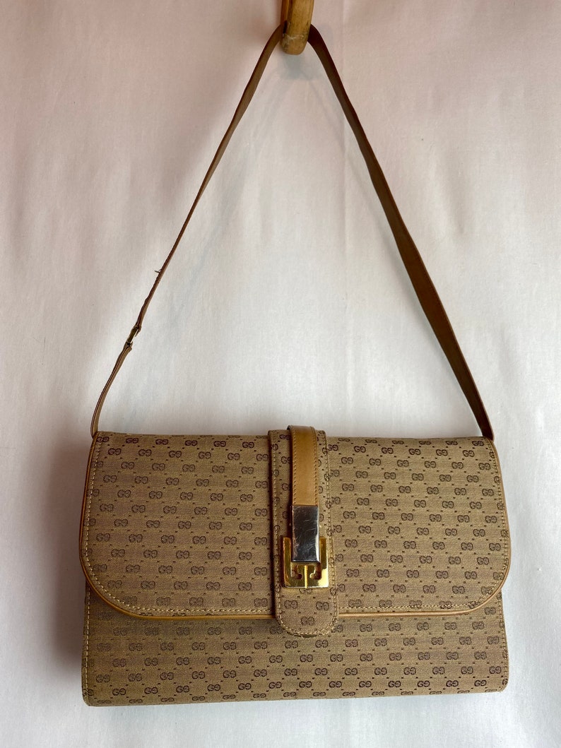 Gucci purse 1970s 80s Shoulder bag leather & cloth VTG monogram handbag Made in Italy slim petite slender rectangular Micro GG print image 6