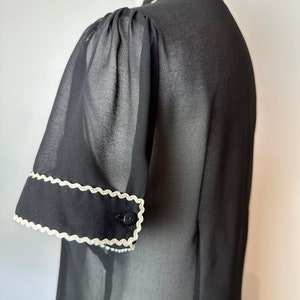 90s Y2K Black sheer blouse tuxedo bib front high neck puff sleeves black & white shirt / peekaboo top size Med image 3