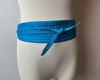 Vintage 70’s 80’s Turquoise Blue /teal wrap belt ~ wrapping Sash style Silk & cotton  Boho trend/ Size SM up to 30” waist